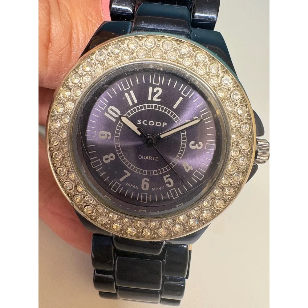 Scoop Quartz Watch Purple Dial Crystal Bezel Navy Link Bracelet Need Battery